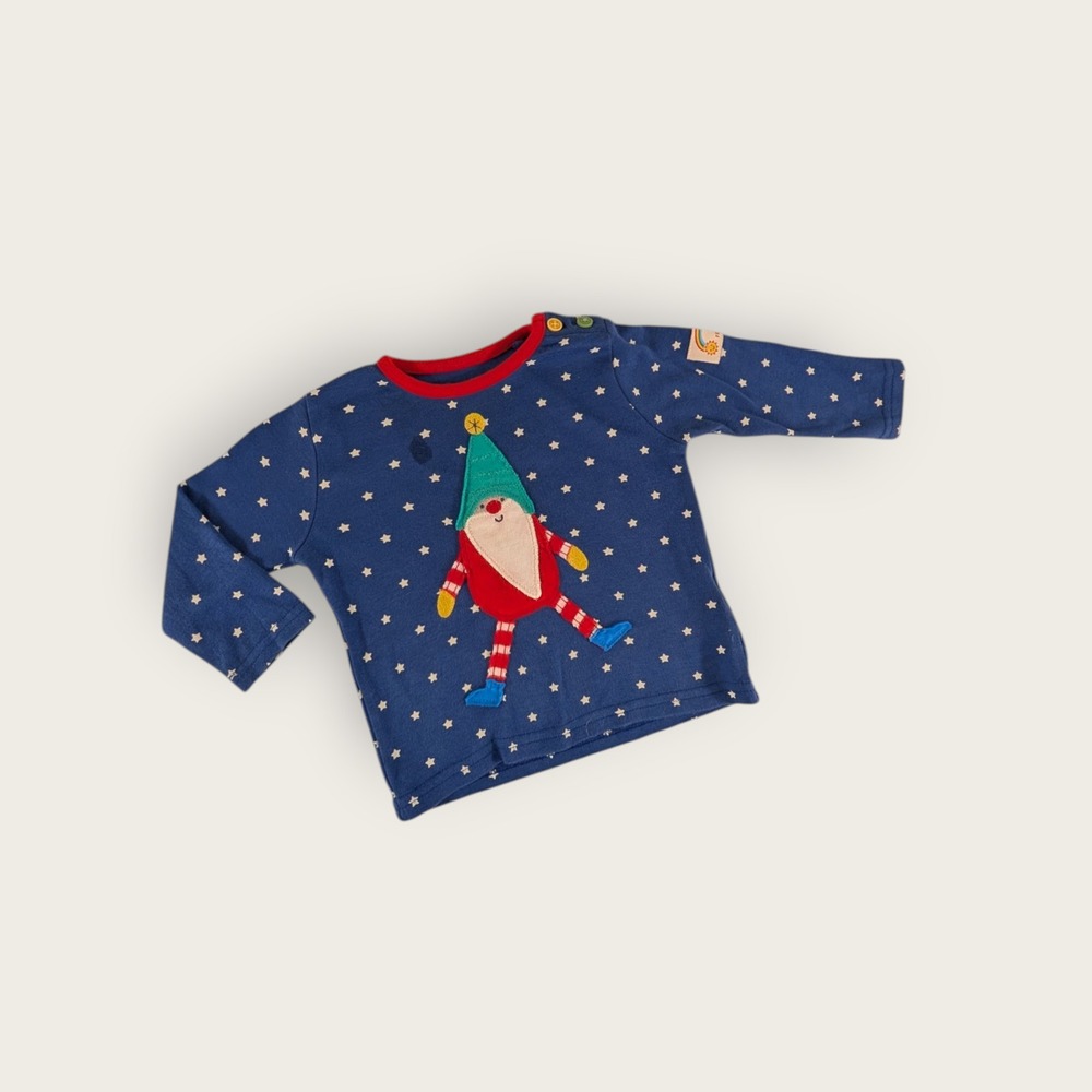 Frugi Kids Blue Star Gnome Santa Applique Organic Cotton Long Sleeve Top Shirt